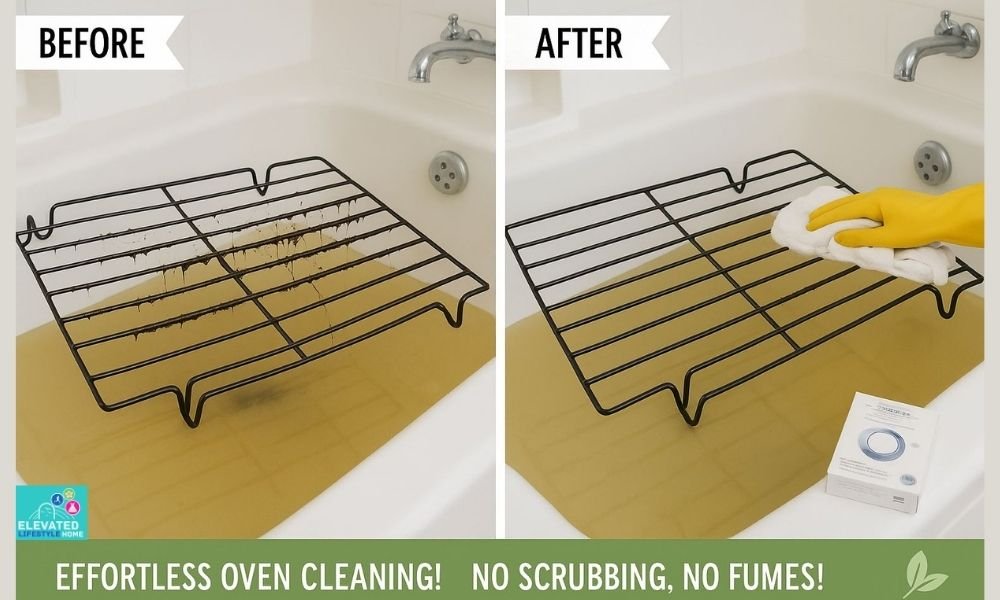 Heavy duty oven racks soaking in warm water with dishwasher tablets inside a protected bathtub.