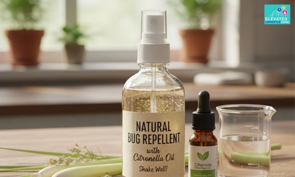 Homemade natural insect repellent spray made with essential oils and witch hazel in an amber glass bottle.