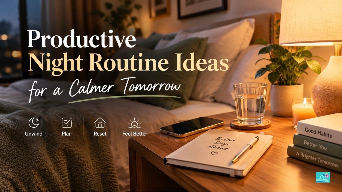 Cozy bedroom with a journal, warm lamp, water, and phone for a productive night routine