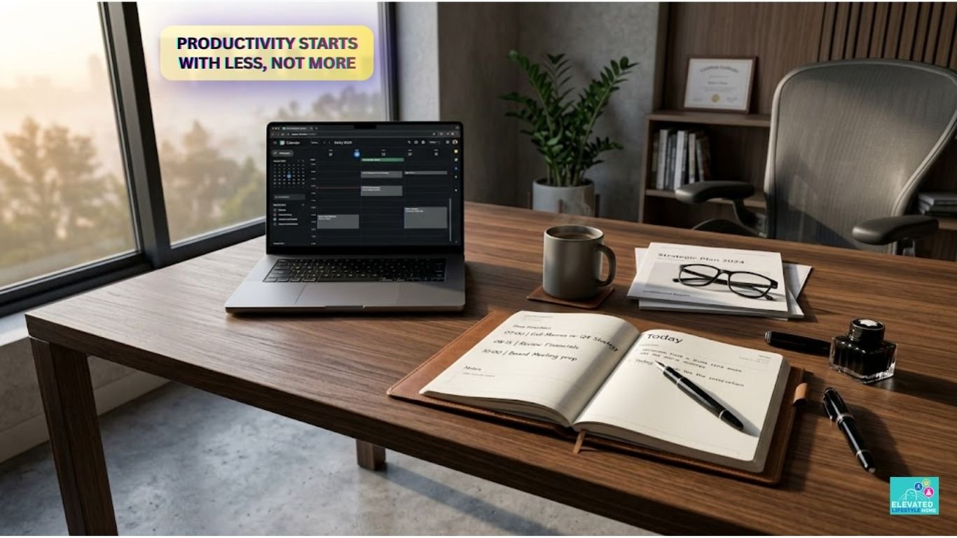 Best time management techniques for beginners featured on a premium minimalist office desk with a linen planner.
