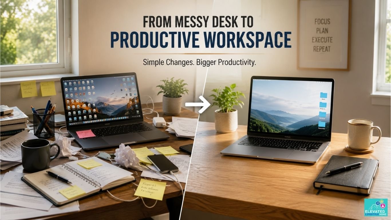 Executive workspace layout demonstrating how to organize desk for productivity using dark walnut wood.