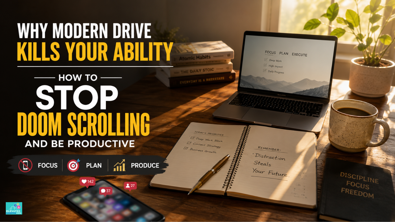 Minimalist workspace showing a phone placed away from a notebook to illustrate how to stop doom scrolling and be productive.