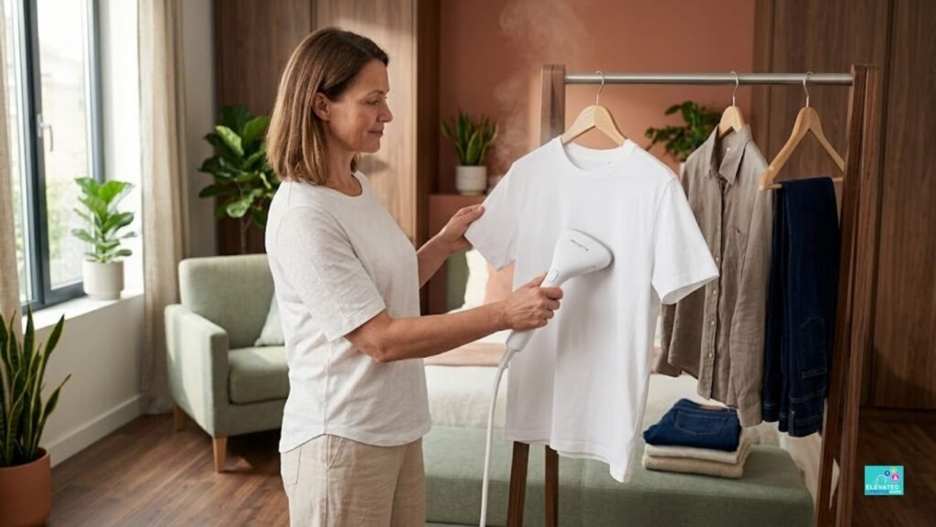 Woman steaming a white cotton T-shirt to keep basic clothes crisp and polished