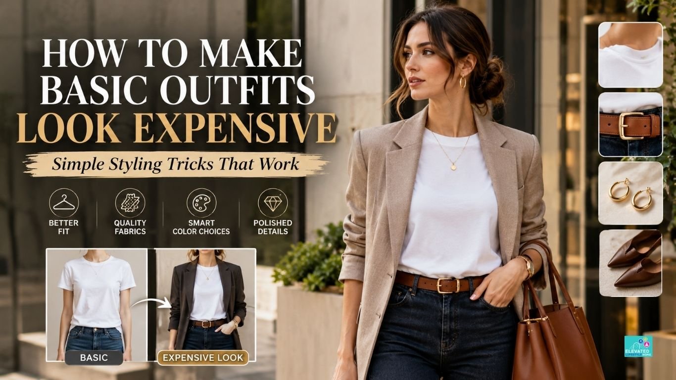Woman styling a white T-shirt and dark jeans to look expensive with a leather belt and structured bag