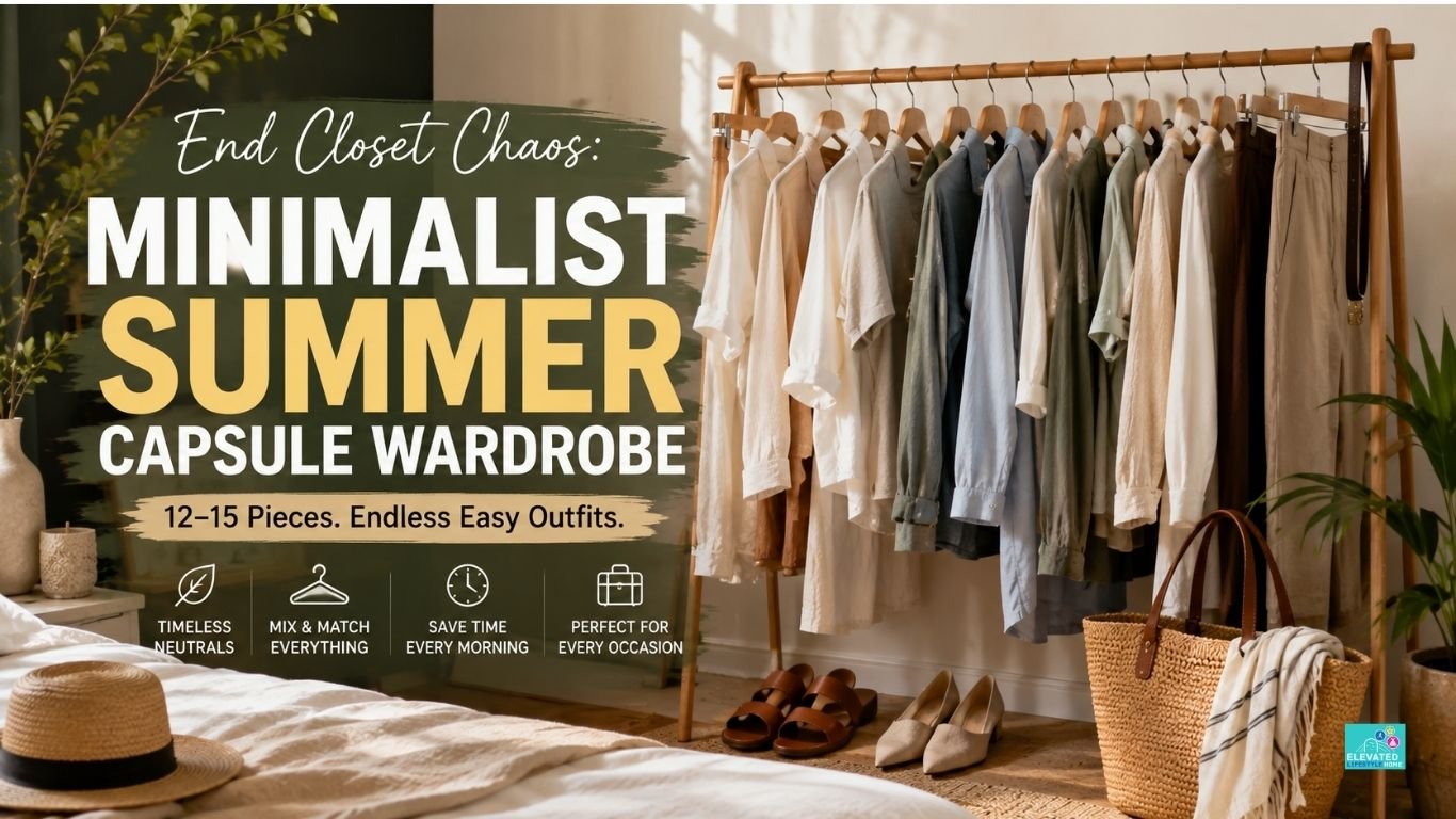 Minimalist summer capsule wardrobe with curated neutral clothing, shoes, and accessories