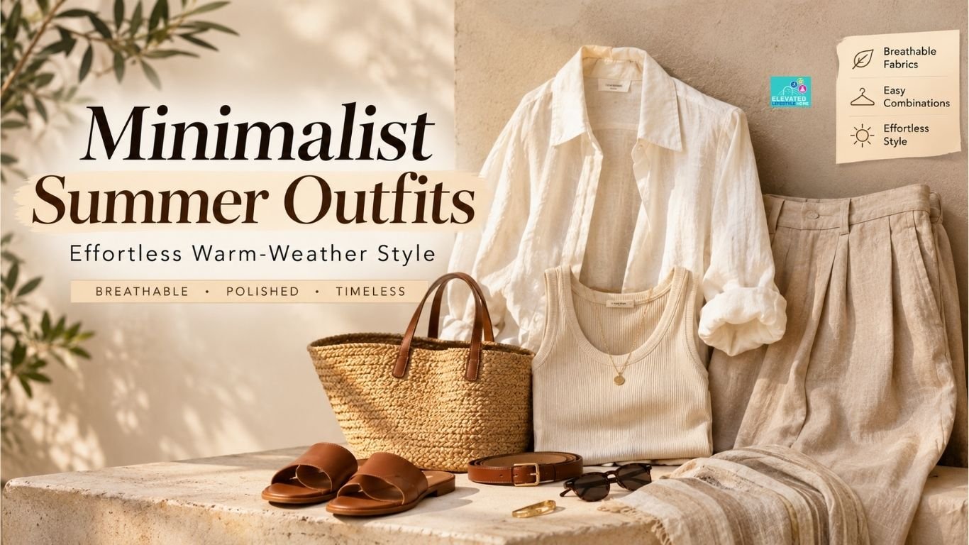 Minimalist summer outfit with wide-leg trousers, linen top, leather sandals, and woven bag
