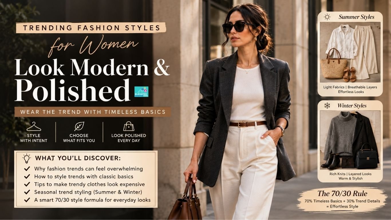 Trending fashion styles for women styled with modern trend pieces and timeless wardrobe basics