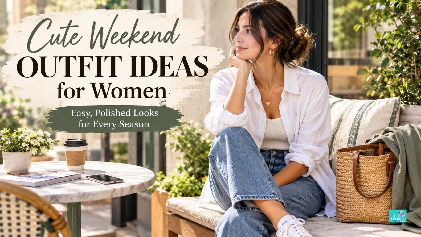 Cute weekend outfit ideas for women with casual wardrobe staples, denim, linen, sneakers and woven accessories.
