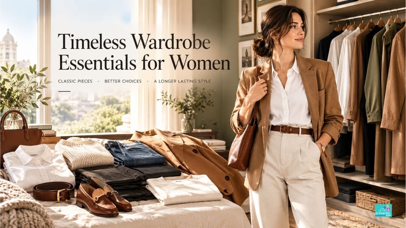Timeless wardrobe essentials for women including a white poplin shirt, charcoal trousers, denim, camel blazer, knitwear, and leather accessories.